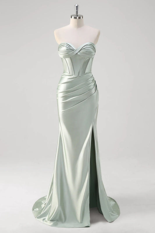 OKBBN elegant mermaid off shoulder pleated satin corset long slit Bridesmaid Dresses