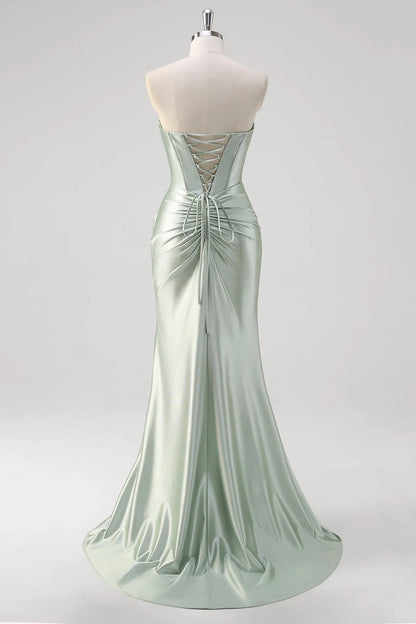 OKBBN elegant mermaid off shoulder pleated satin corset long slit Bridesmaid Dresses