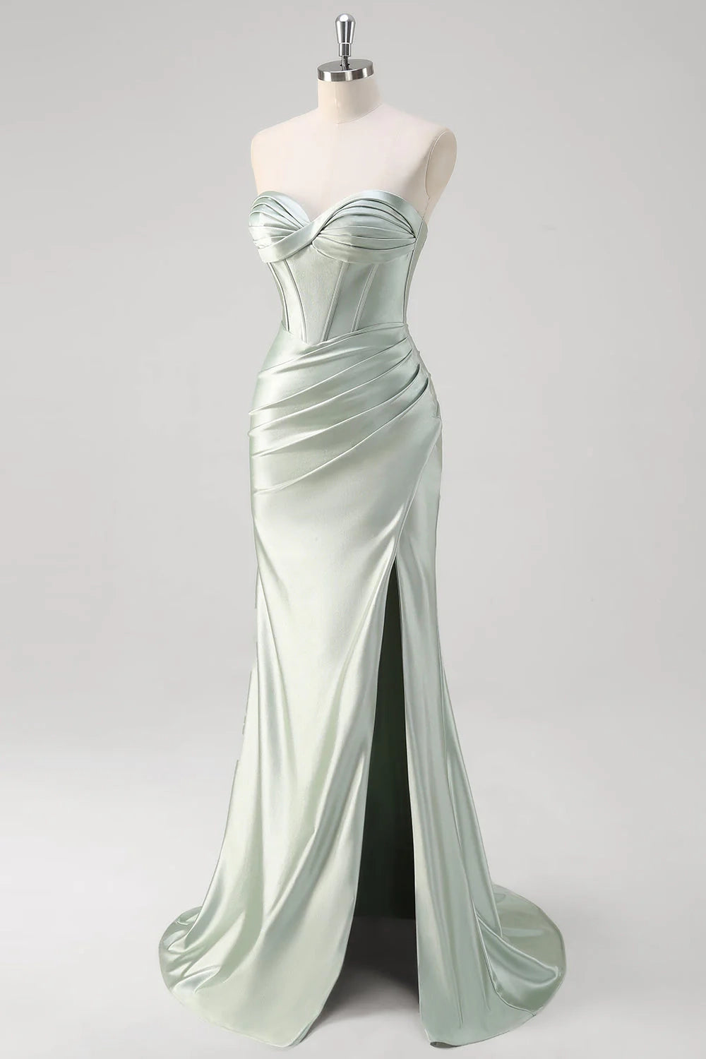OKBBN elegant mermaid off shoulder pleated satin corset long slit Bridesmaid Dresses