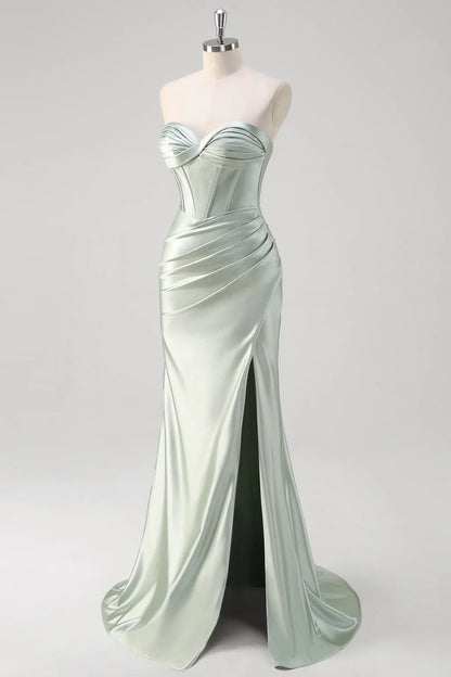 OKBBN elegant mermaid off shoulder pleated satin corset long slit Bridesmaid Dresses