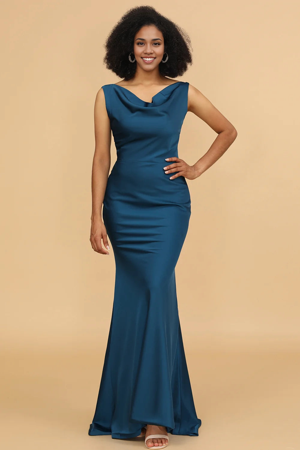 OKBBN elegant mermaid scarf collar long satin Bridesmaid Dresses