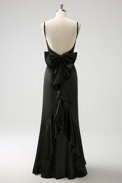 OKBBN elegant mermaid slim shoulder strap long ruffled satin bow Bridesmaid Dresses