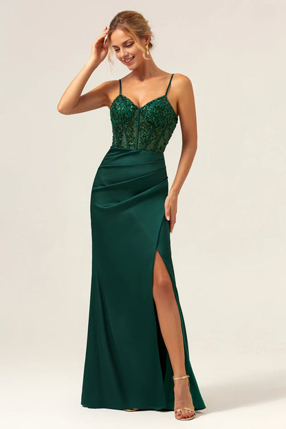 OKBBN elegant mermaid slim shoulder strap satin long slim fit slit Bridesmaid Dresses