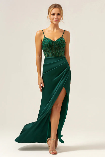 OKBBN elegant mermaid slim shoulder strap satin long slim fit slit Bridesmaid Dresses