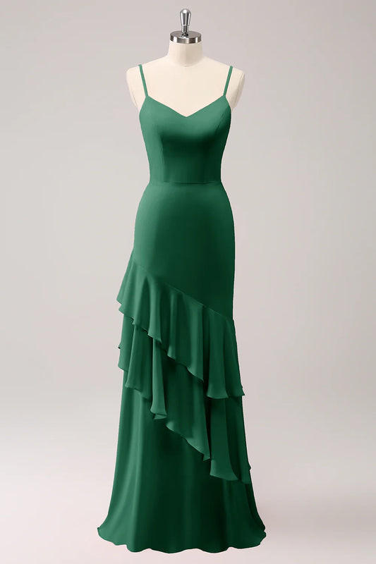 OKBBN elegant pleated mermaid slim shoulder strap long Bridesmaid Dresses