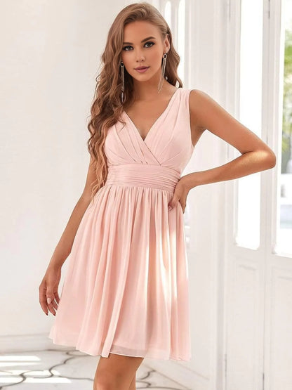 OKBBN elegant pleated sleeveless V-neck short chiffon Homecoming Dresses