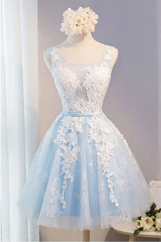 OKBBN elegant round neck short chiffon lace decal Homecoming Dresses