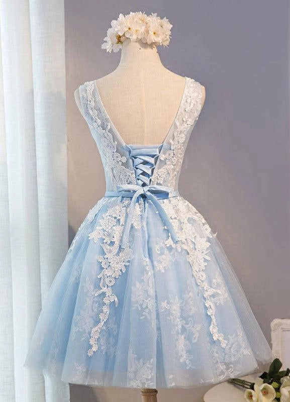 OKBBN elegant round neck short chiffon lace decal Homecoming Dresses