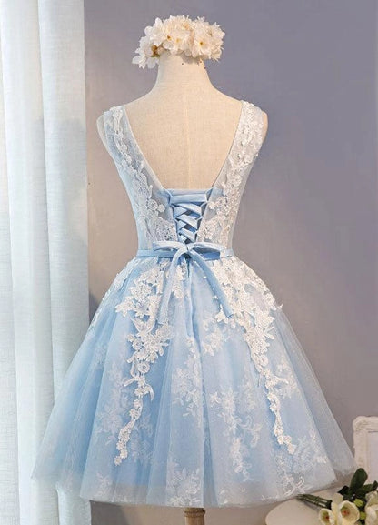 OKBBN elegant round neck short chiffon lace decal Homecoming Dresses