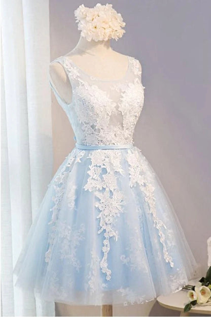 OKBBN elegant round neck short chiffon lace decal Homecoming Dresses