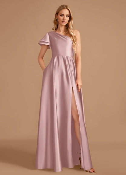 OKBBN elegant satin pleated slit off shoulder Prom Dresses
