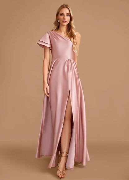 OKBBN elegant satin pleated slit off shoulder Prom Dresses