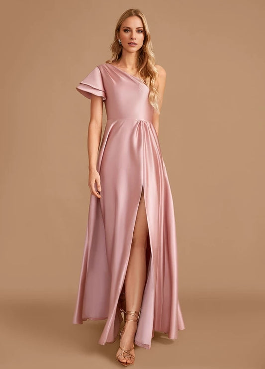 OKBBN elegant satin pleated slit off shoulder Prom Dresses
