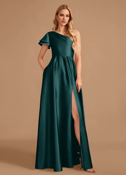 OKBBN elegant satin pleated slit off shoulder Prom Dresses