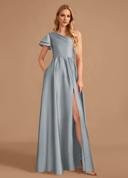 OKBBN elegant satin pleated slit off shoulder Prom Dresses