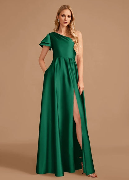 OKBBN elegant satin pleated slit off shoulder Prom Dresses