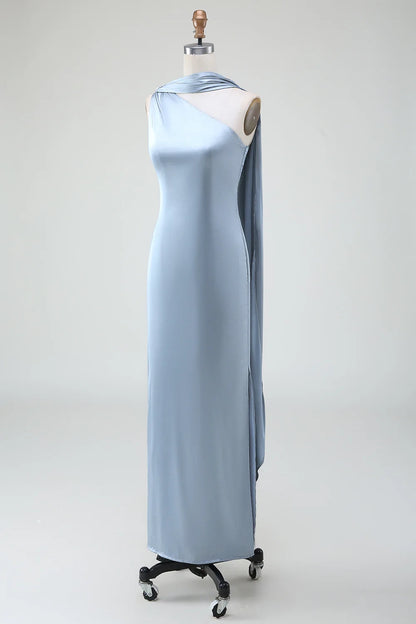 OKBBN elegant slim fit single shoulder long satin Bridesmaid Dresses