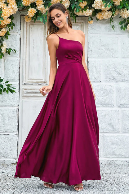 OKBBN elegant slim shoulder strap A-line single shoulder and floor satin Bridesmaid Dresses