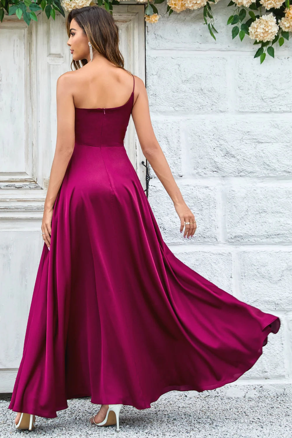 OKBBN elegant slim shoulder strap A-line single shoulder and floor satin Bridesmaid Dresses
