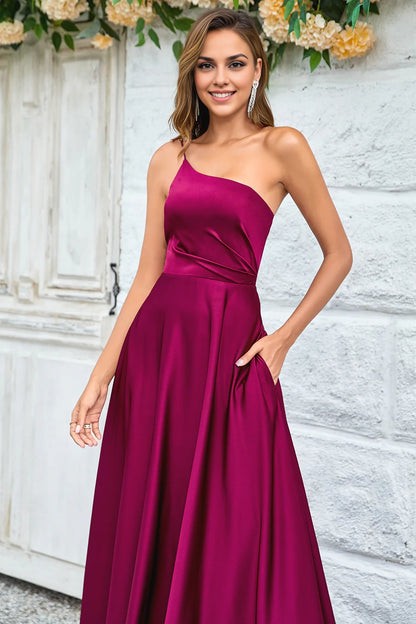 OKBBN elegant slim shoulder strap A-line single shoulder and floor satin Bridesmaid Dresses
