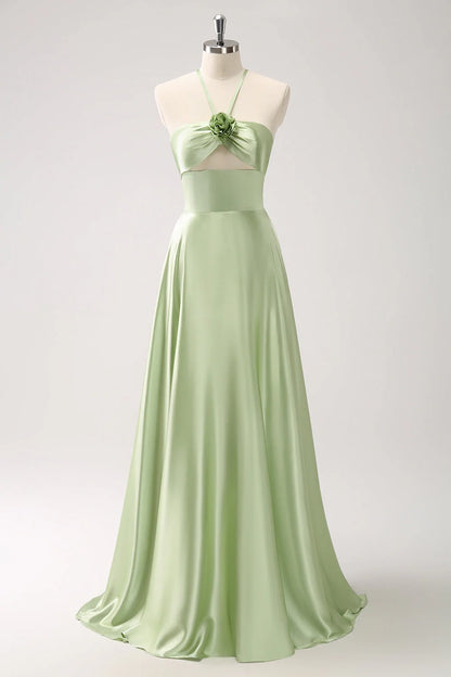 OKBBN elegant slim shoulder strap sleeveless A-line backless hollow satin floral Bridesmaid Dresses