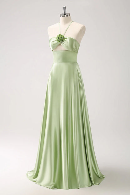 OKBBN elegant slim shoulder strap sleeveless A-line backless hollow satin floral Bridesmaid Dresses
