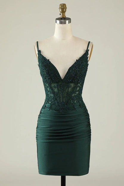 OKBBN elegant slim shoulder straps sleeveless tight V-neck pleated Homecoming Dresses