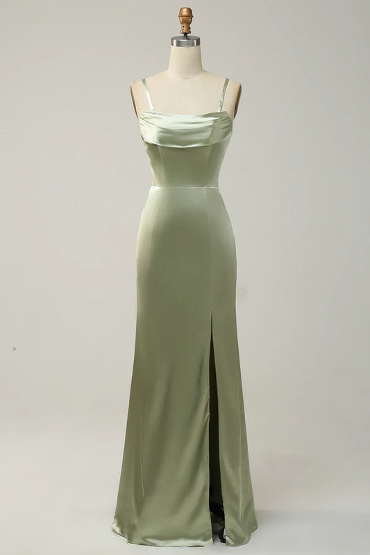 OKBBN elegant straight shoulder satin and floor slit Bridesmaid Dresses