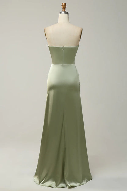 OKBBN elegant straight shoulder satin and floor slit Bridesmaid Dresses
