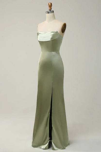 OKBBN elegant straight shoulder satin and floor slit Bridesmaid Dresses