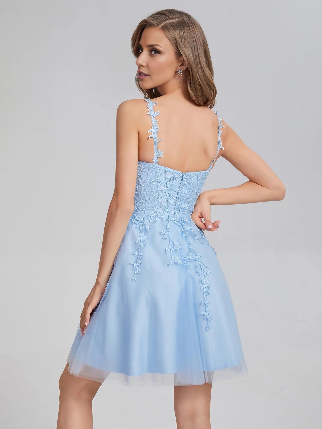 OKBBN elegant thin shoulder straps lace decal sheer sleeveless knee length Homecoming Dresses