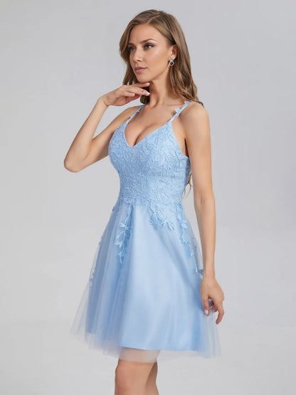 OKBBN elegant thin shoulder straps lace decal sheer sleeveless knee length Homecoming Dresses