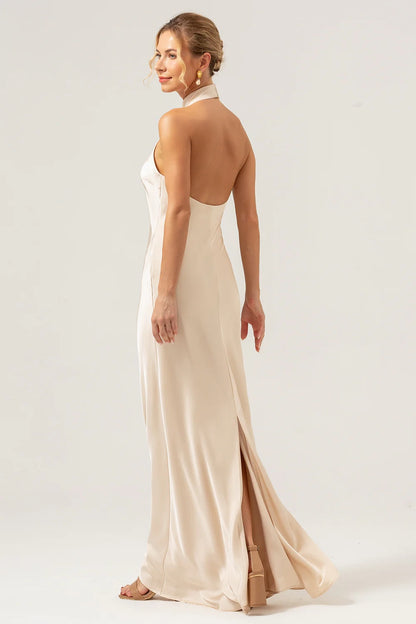 OKBBN elegant tight backless long satin slit Bridesmaid Dresses