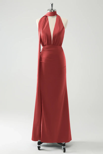 OKBBN elegant tight fitting deep V-neck pleated long backless Bridesmaid Dresses