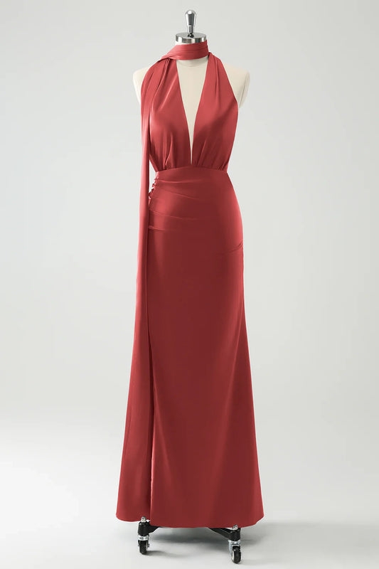 OKBBN elegant tight fitting deep V-neck pleated long backless Bridesmaid Dresses