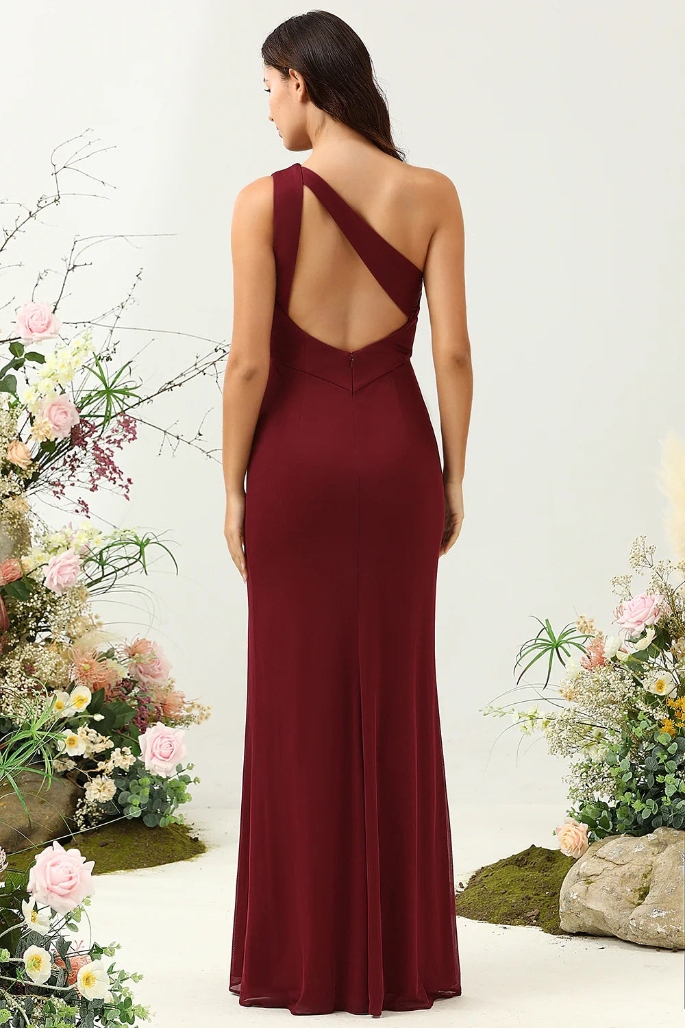 OKBBN enchanting mermaid one shoulder slit chiffon Bridesmaid Dresses