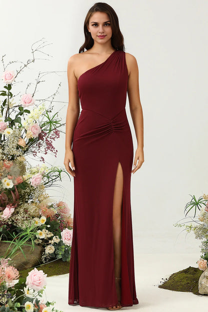 OKBBN enchanting mermaid one shoulder slit chiffon Bridesmaid Dresses