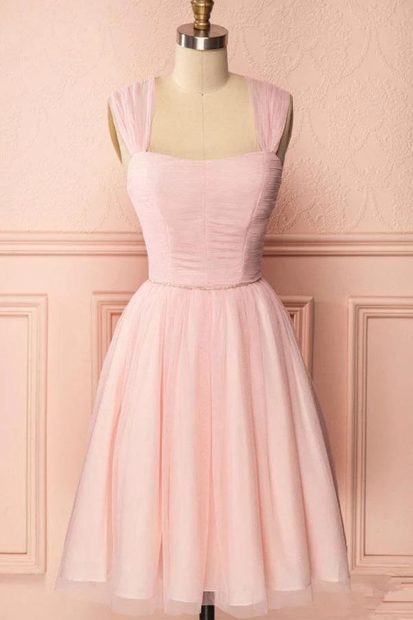 OKBBN exquisite A-line chiffon shoulder straps with pleated beads Homecoming Dresses