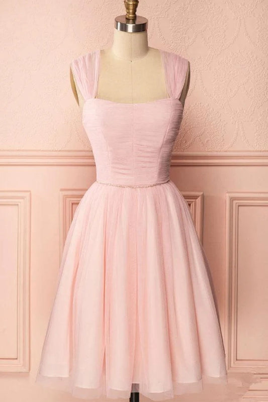 OKBBN exquisite A-line chiffon shoulder straps with pleated beads Homecoming Dresses