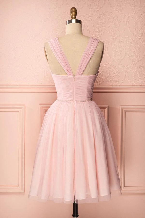 OKBBN exquisite A-line chiffon shoulder straps with pleated beads Homecoming Dresses