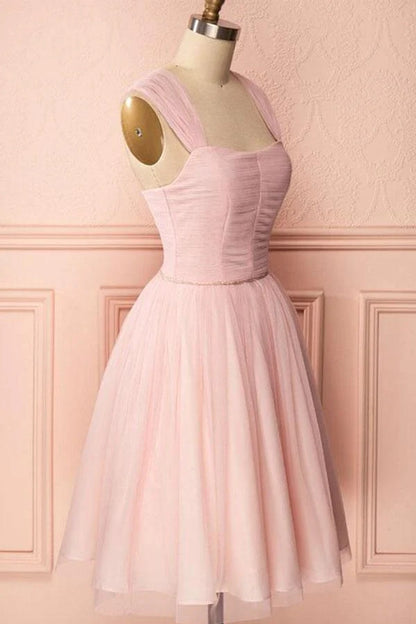 OKBBN exquisite A-line chiffon shoulder straps with pleated beads Homecoming Dresses