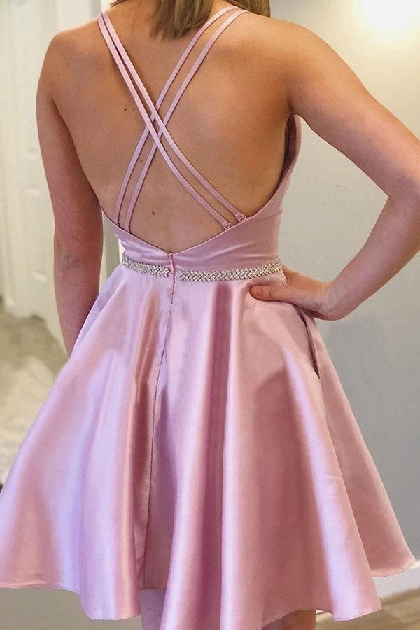 OKBBN exquisite A-line round neck sleeveless suspender short bead Homecoming Dresses
