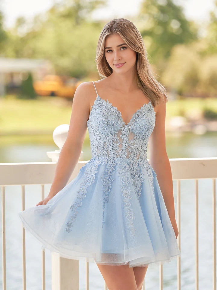 OKBBN exquisite A-line thin shoulder strap lace decal Homecoming Dresses