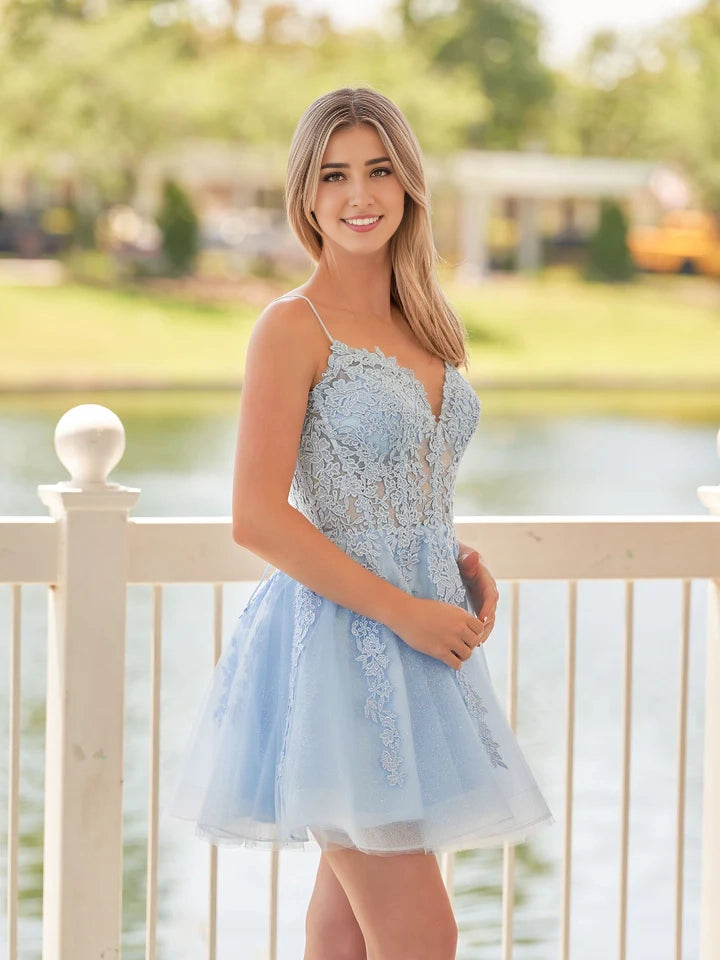OKBBN exquisite A-line thin shoulder strap lace decal Homecoming Dresses