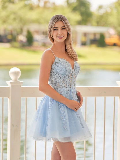 OKBBN exquisite A-line thin shoulder strap lace decal Homecoming Dresses