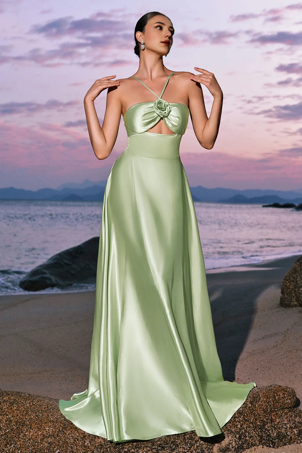 OKBBN fashion A-line backless satin hollow out long Bridesmaid Dresses