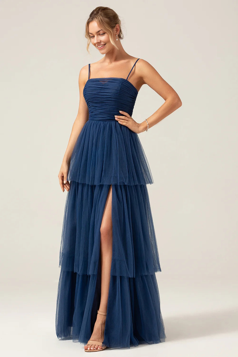 OKBBN fashion A-line thin shoulder strap sheer pleated long slit Bridesmaid Dresses