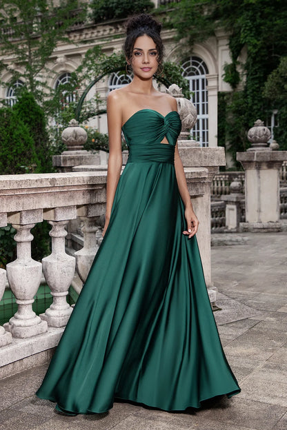 OKBBN fashionable A-line sweetheart satin hollow pleated long Bridesmaid Dresses