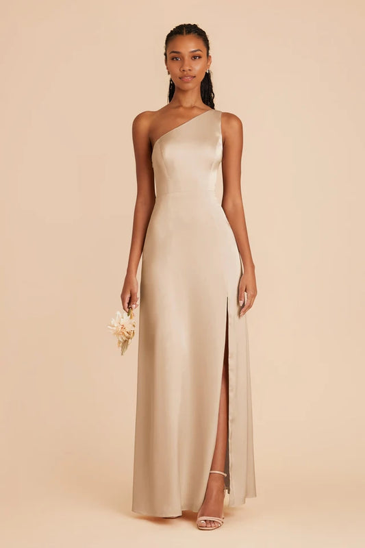 OKBBN fashionable and sexy one shoulder collar matte satin full lining slit and floor Prom Dresses