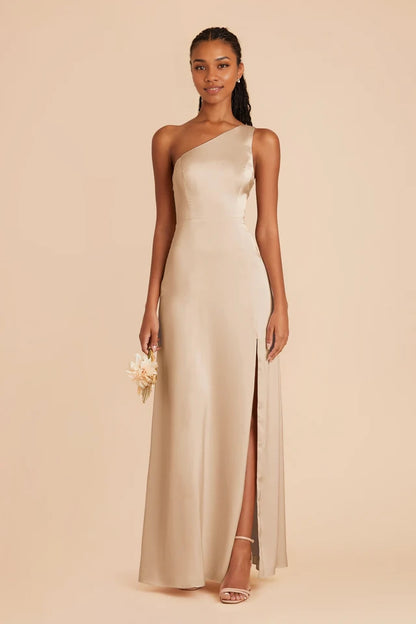 OKBBN fashionable and sexy one shoulder collar matte satin full lining slit and floor Prom Dresses